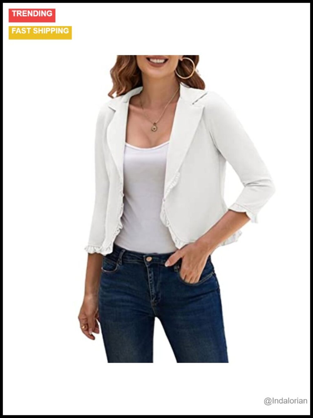 Cropped Blazer Jacket 3/4 Sleeve Ruffle Open Front Stretch Cotton Workwear